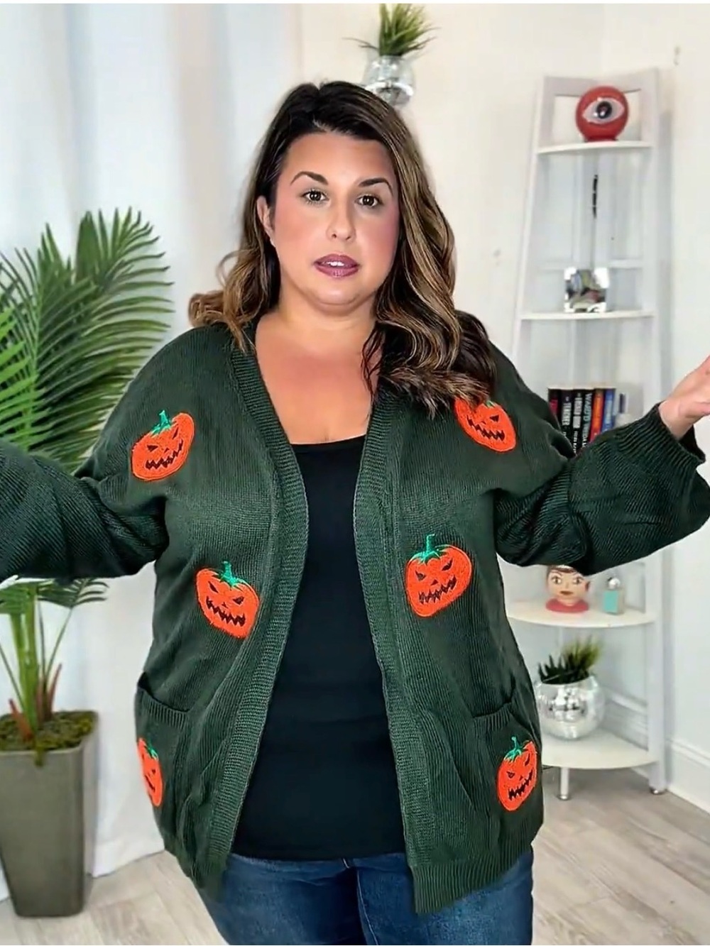 Plus Dark Green Pumpkin & Ghost Knit Cardigan - Picture 2 of 5